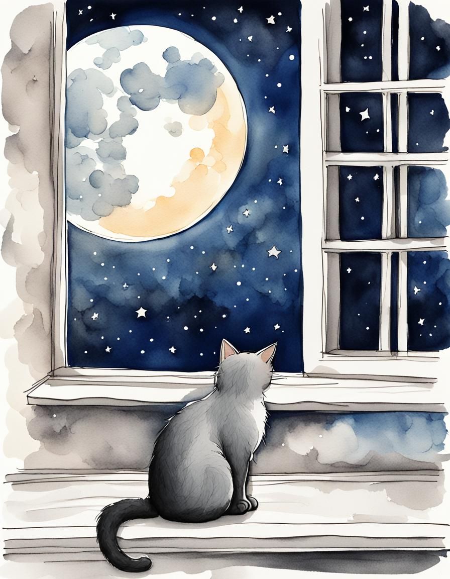 Whimsical Cat Under Starry Night Sky