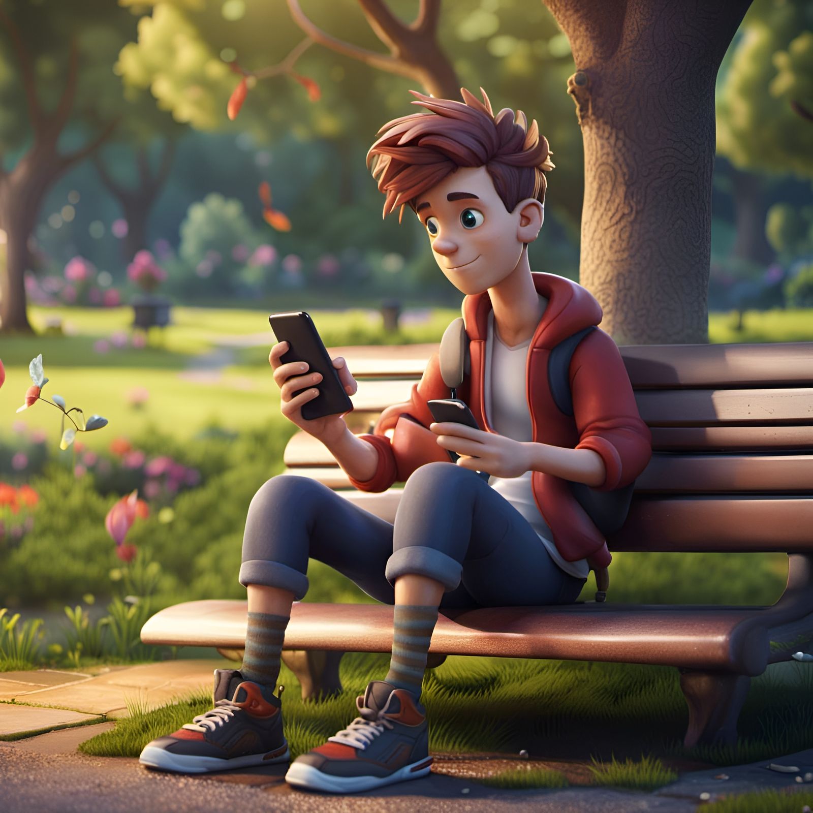 Cartoon Character in Park Using Mobile Phone