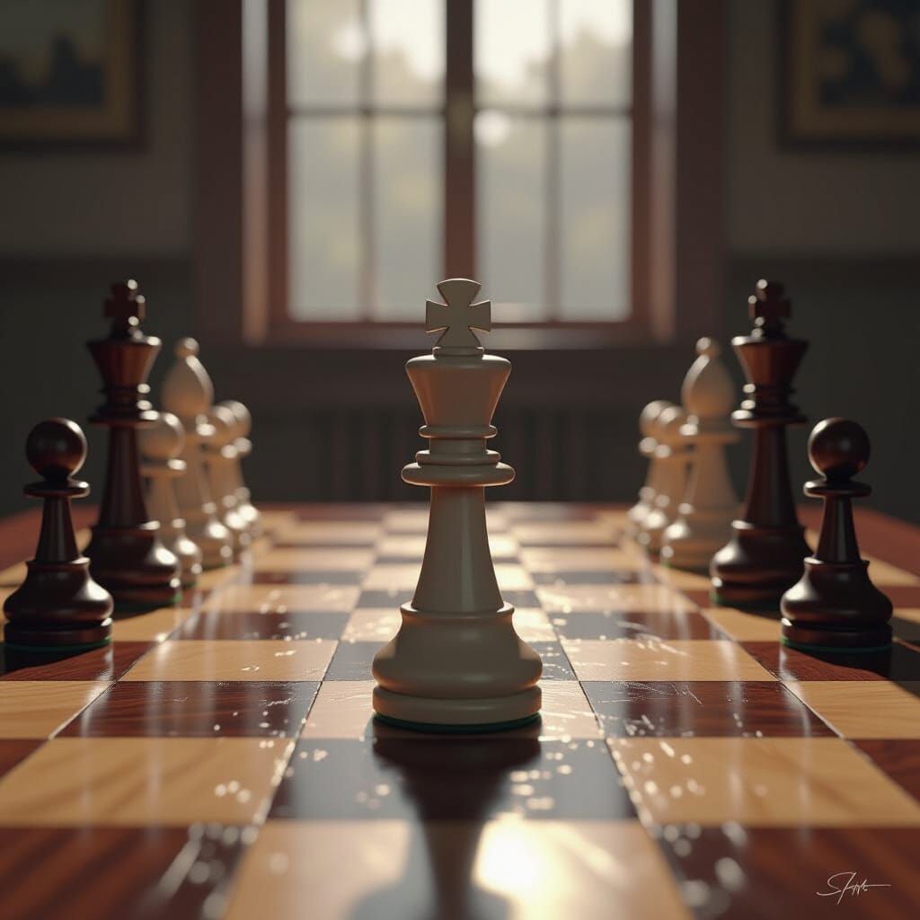 Lone Chess Pawn Defiant on Board, Digital Oil Painting Style