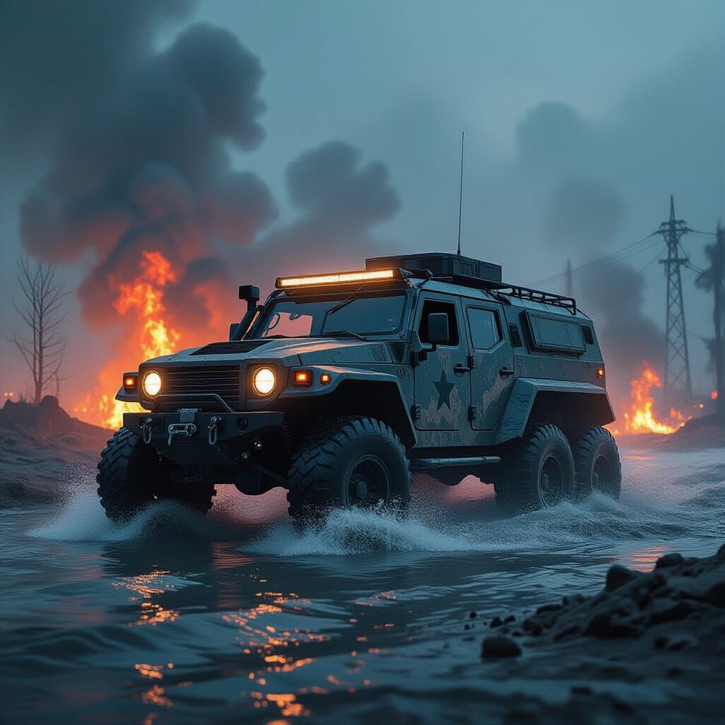 Armored Vehicle Navigates Raging Waters in Dystopian Landsca...