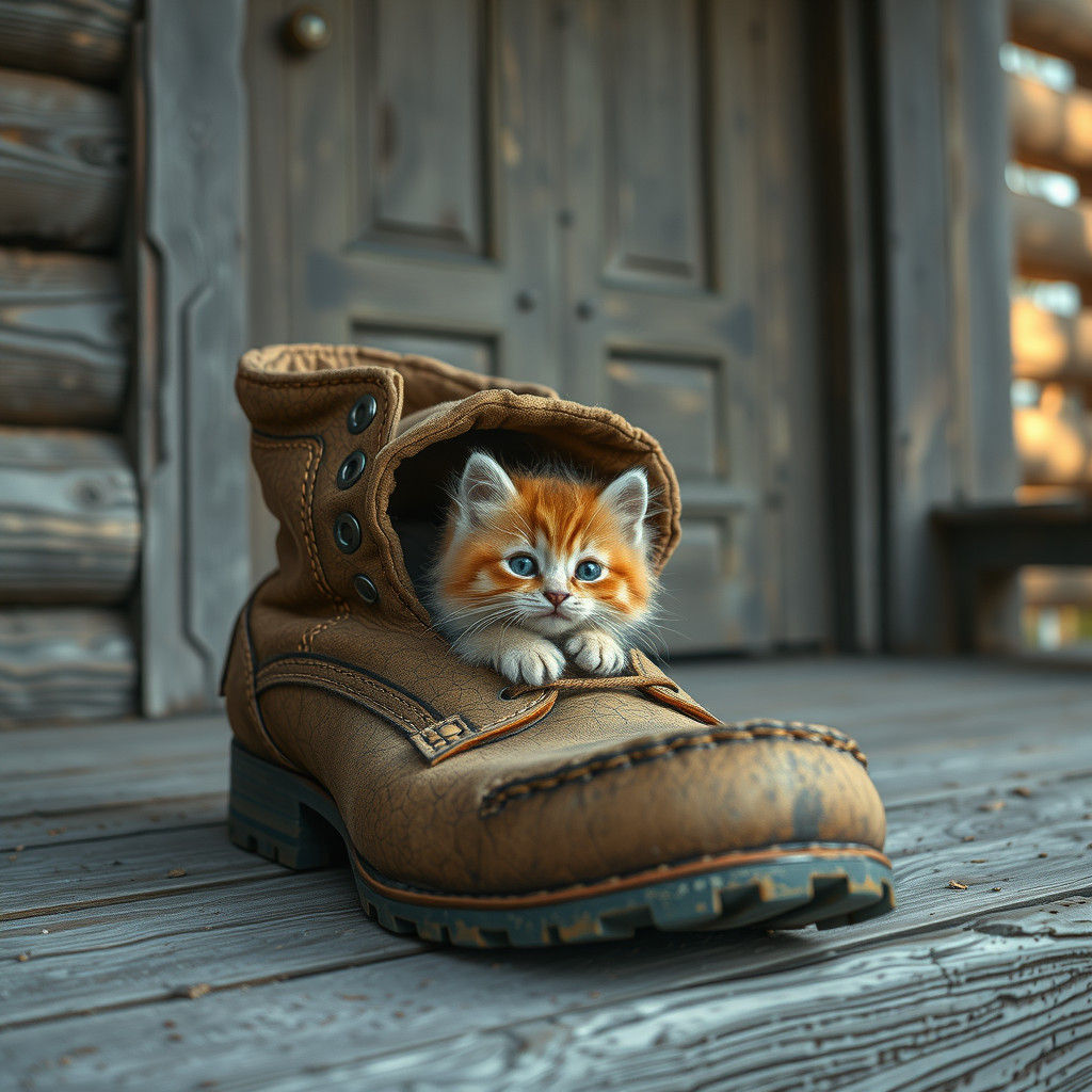 Kitten's Cozy Shoe Home: Hyperrealistic Digital Art
