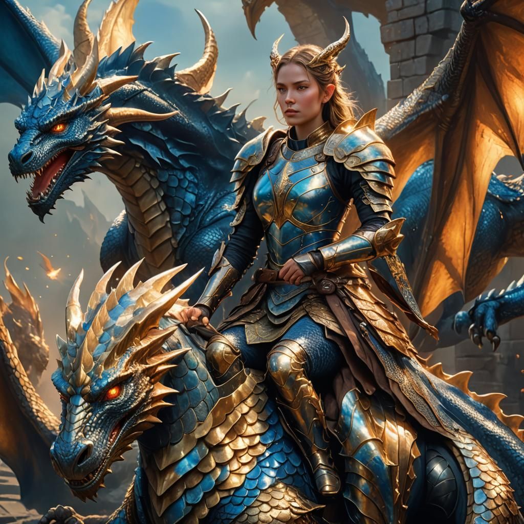 Armored Woman on Dragon in Fantasy Landscape