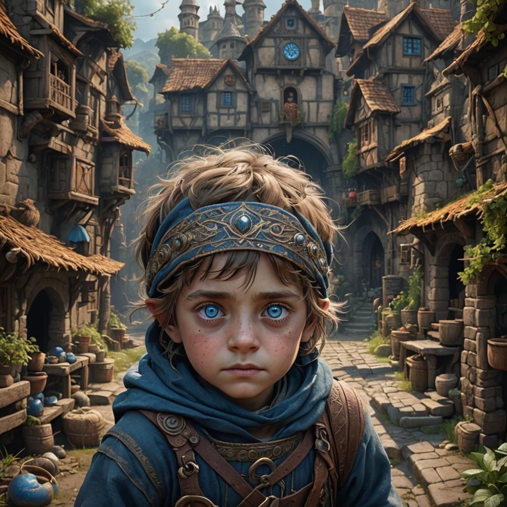 Peasant Child with Big Blue Eyes in Detailed Matte Painting
