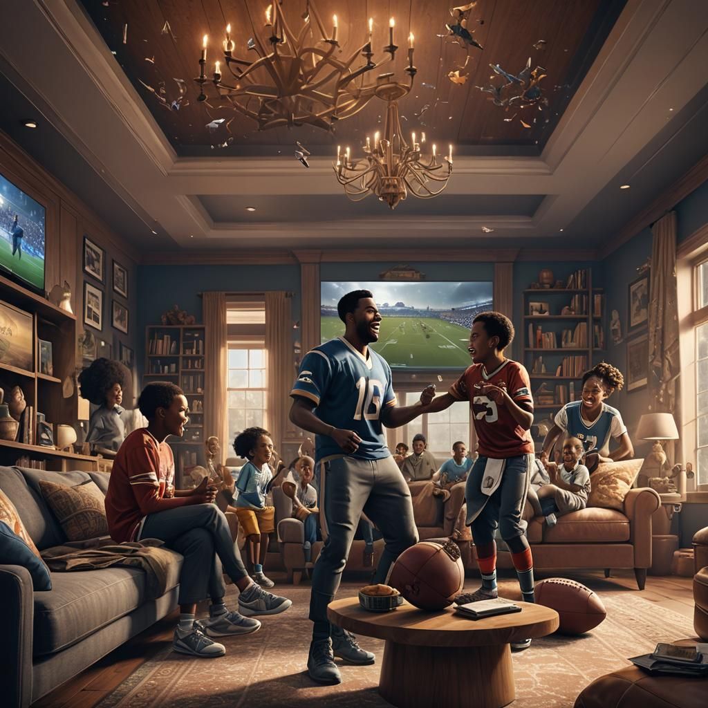Cheering Family Watching Football: Detailed Matte Painting