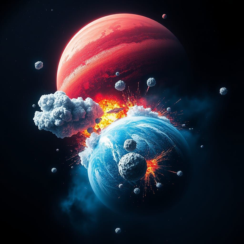 Cosmic Cataclysm in Deep Crimson and Cobalt Blue