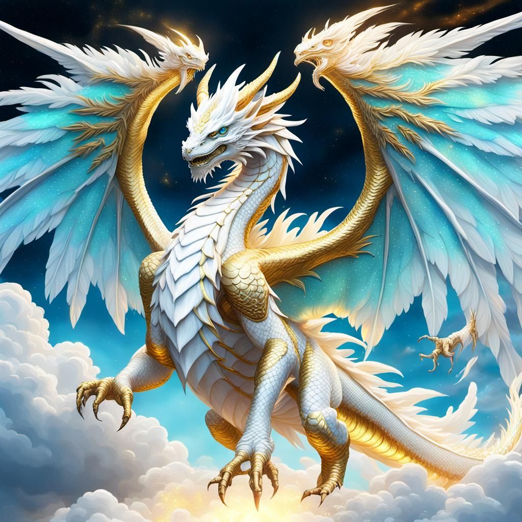 Feathered Dragon with Angel Wings in Astral Sky