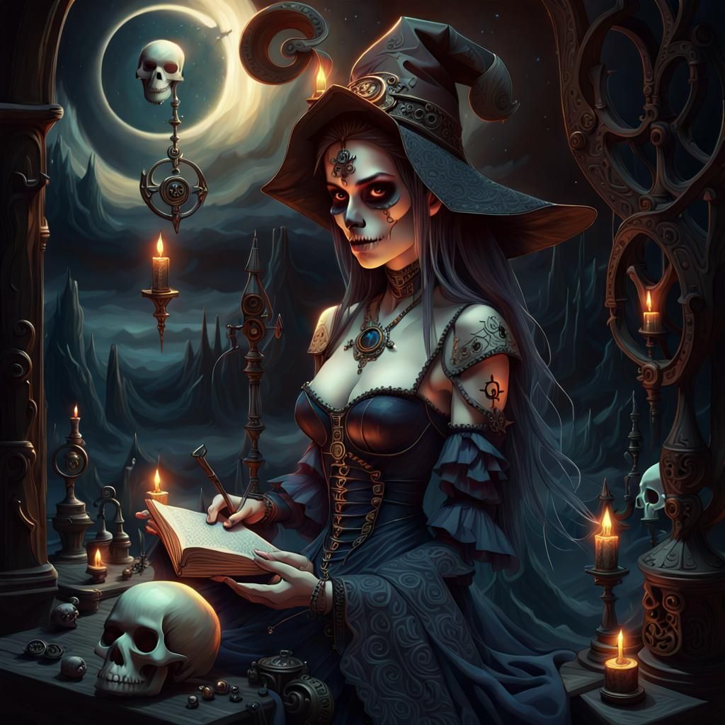 Gothic Witch with Runic Symbols in Surreal Style