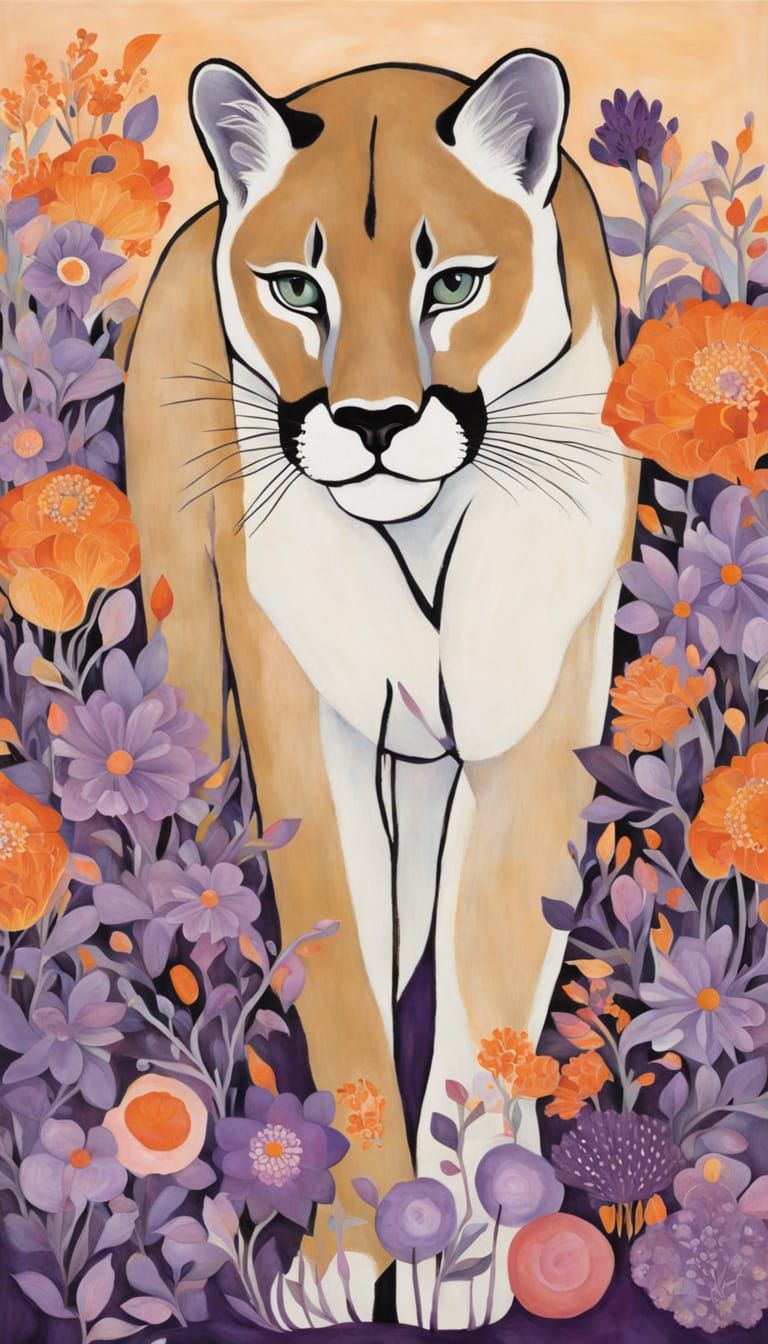Cougar Romping Through Flowers in Detailed Illustration