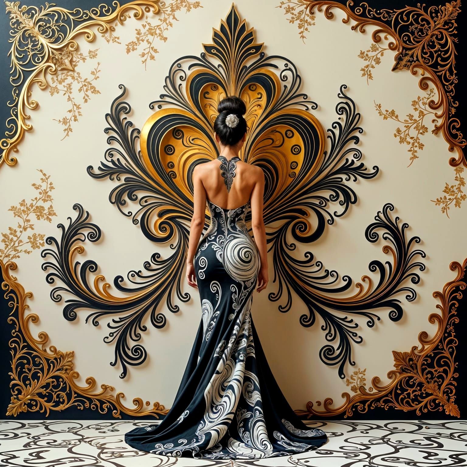 Woman in Body Paint Blending into Ornate Wall