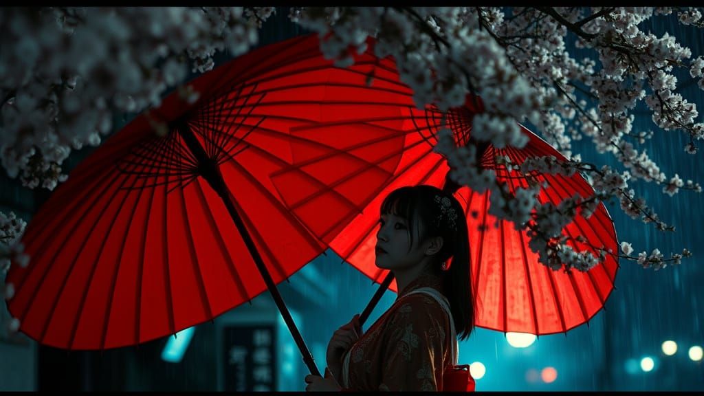 Ethereal Geisha Under Cherry Blossom Tree at Night