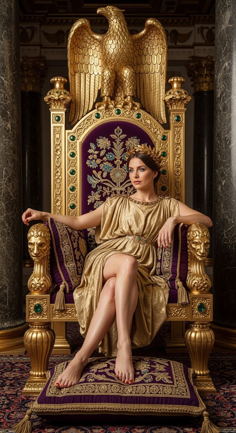 Barefoot Roman Empress on Golden Throne
