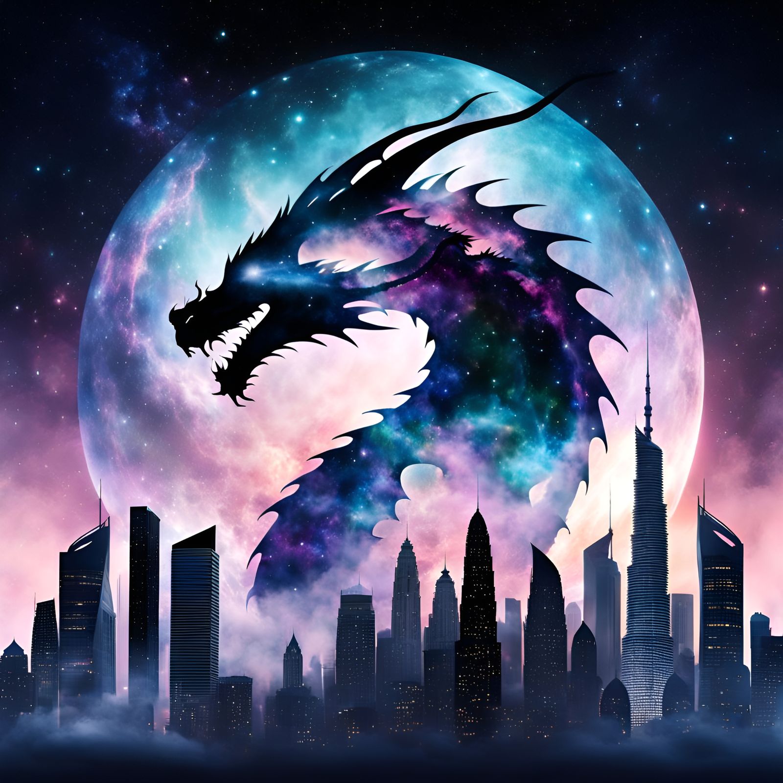 Dragon Silhouette Double Exposure with Skyscrapers
