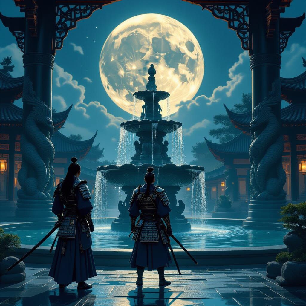 Samurai at Moonlit Fountain in Art Nouveau Style