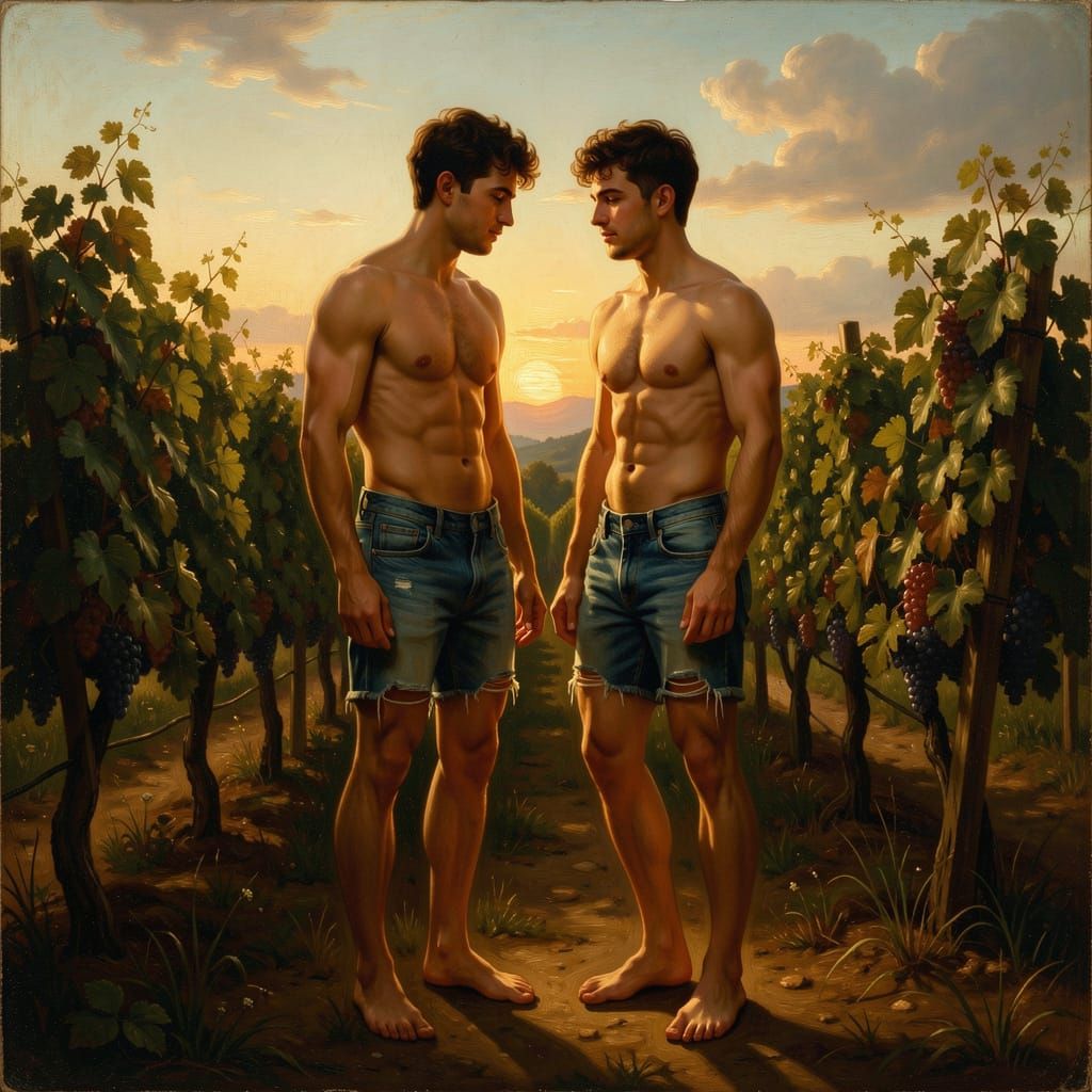 Gay Couple in Vineyard at Golden Hour