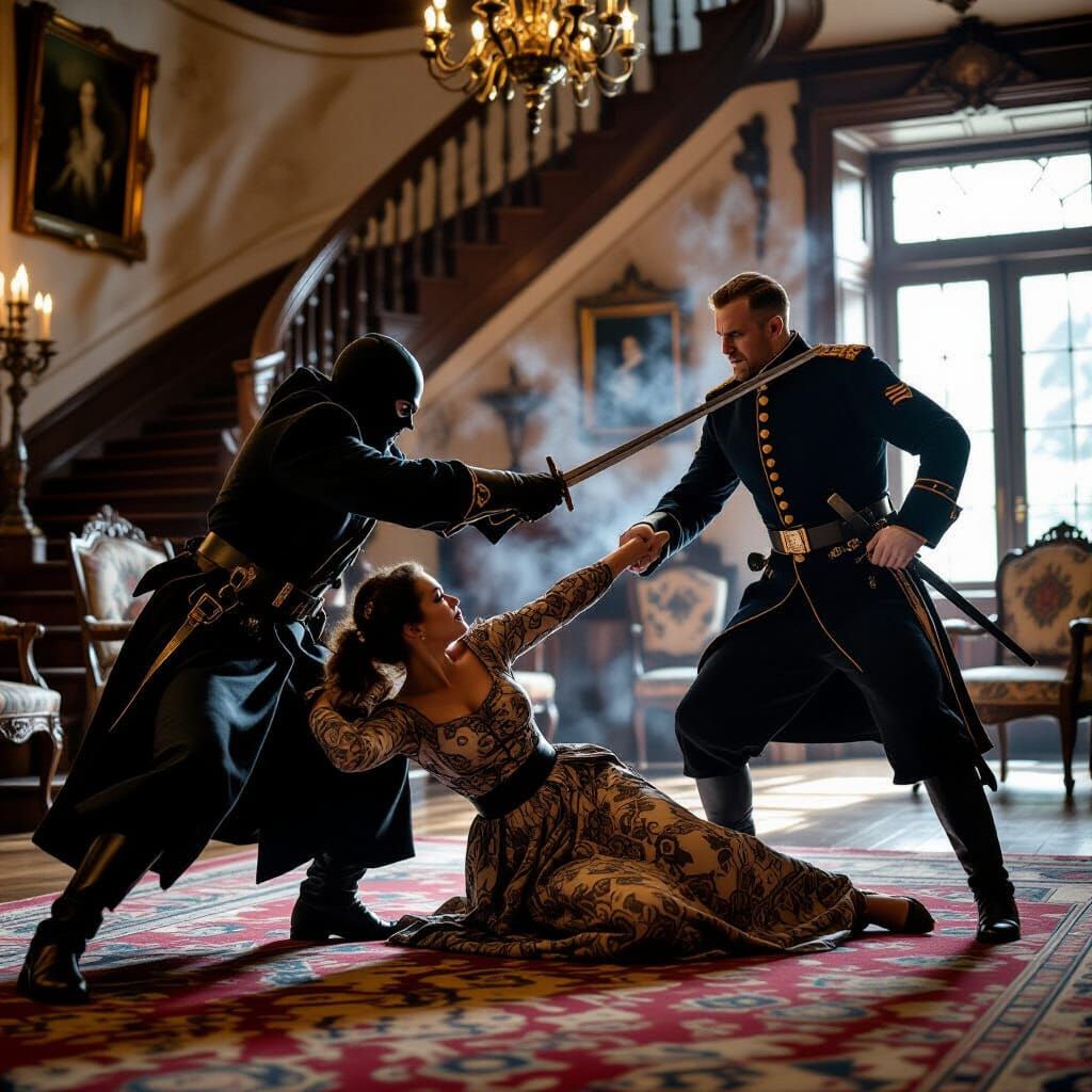 Masked Man Fights Woman in Stately Home