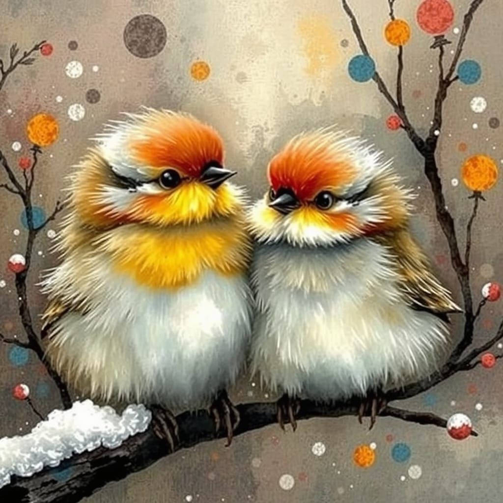 Winter Whimsy: Fluffy Birds in Vibrant Harmony