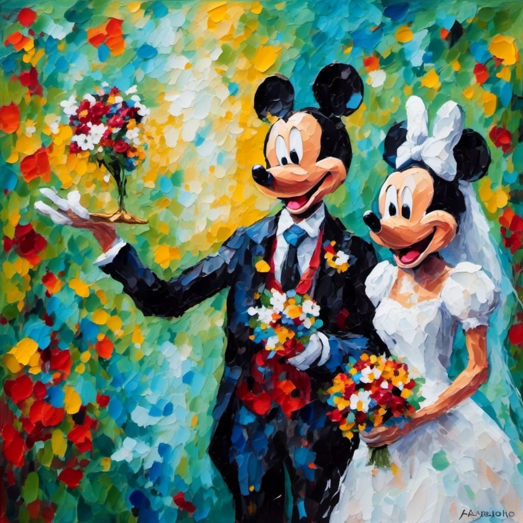<lora:Autumn:1.0> Mickey Mouse and Minnie Mouse getting married in a church wedding neo-impressionism expressionist styl...