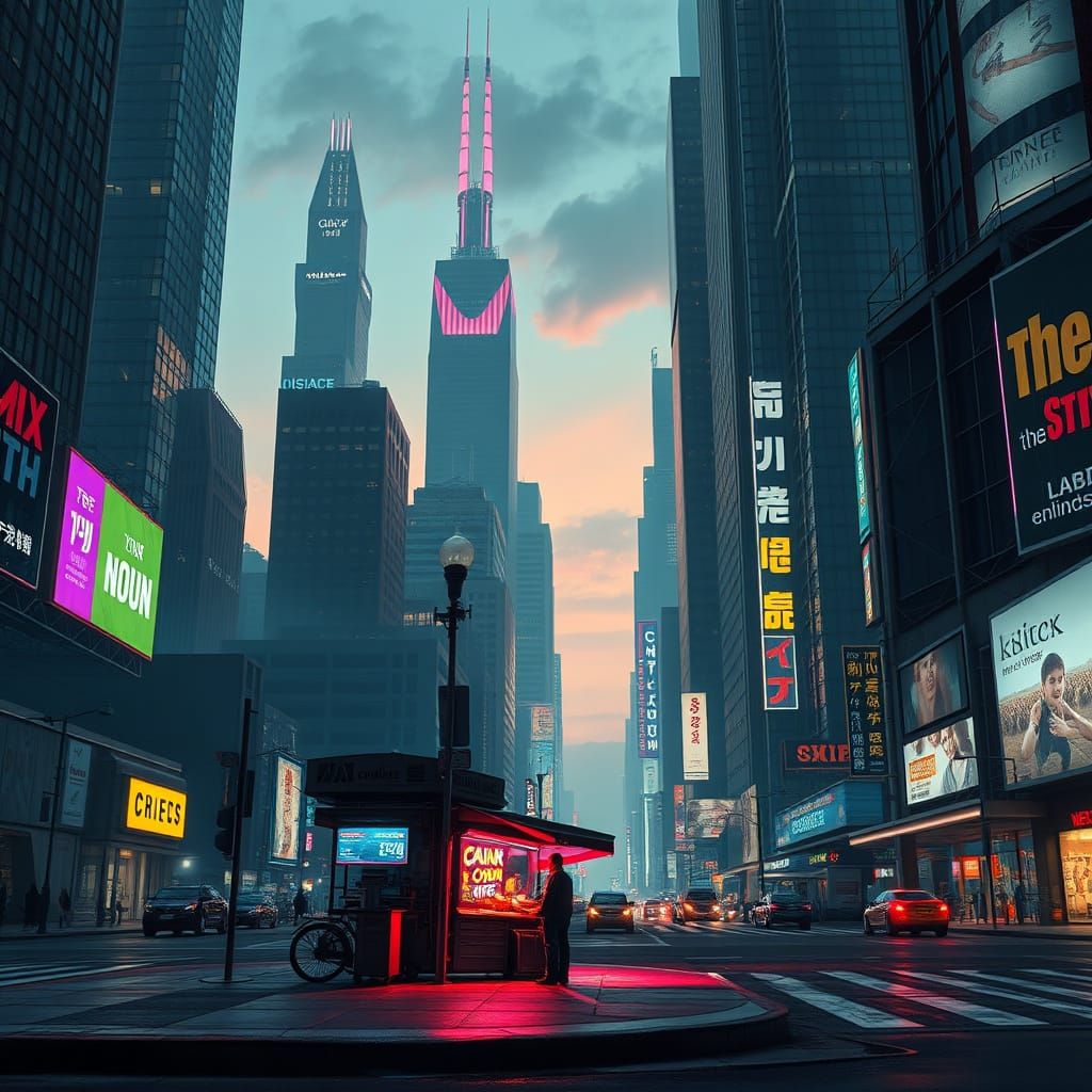 Cyberpunk Cityscape with Tearless Onion Vendor at Dusk