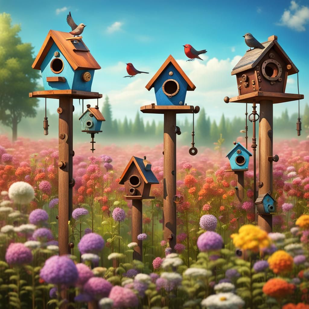 Birdhouses in Flower Field with Steampunk Engine