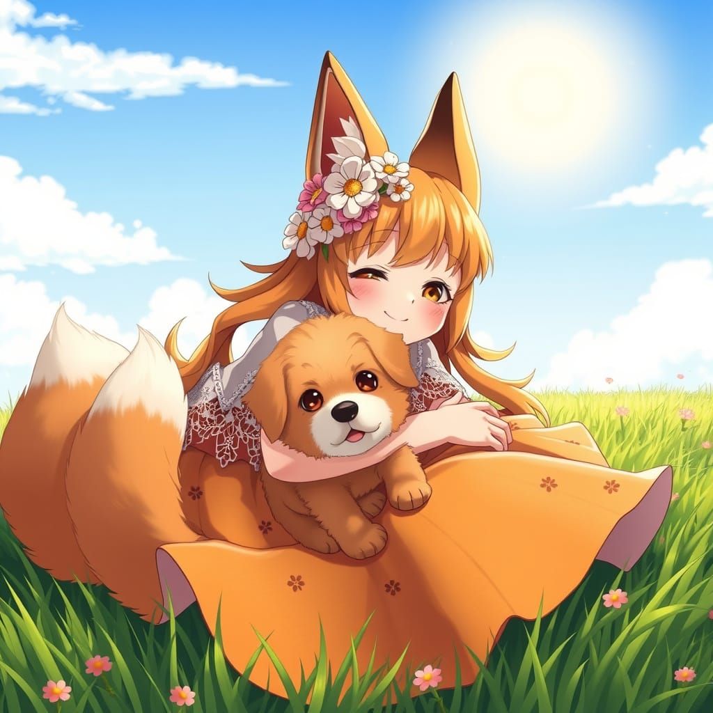 Anime Fox Girl Basks in Sunlight with Fluffy Companion