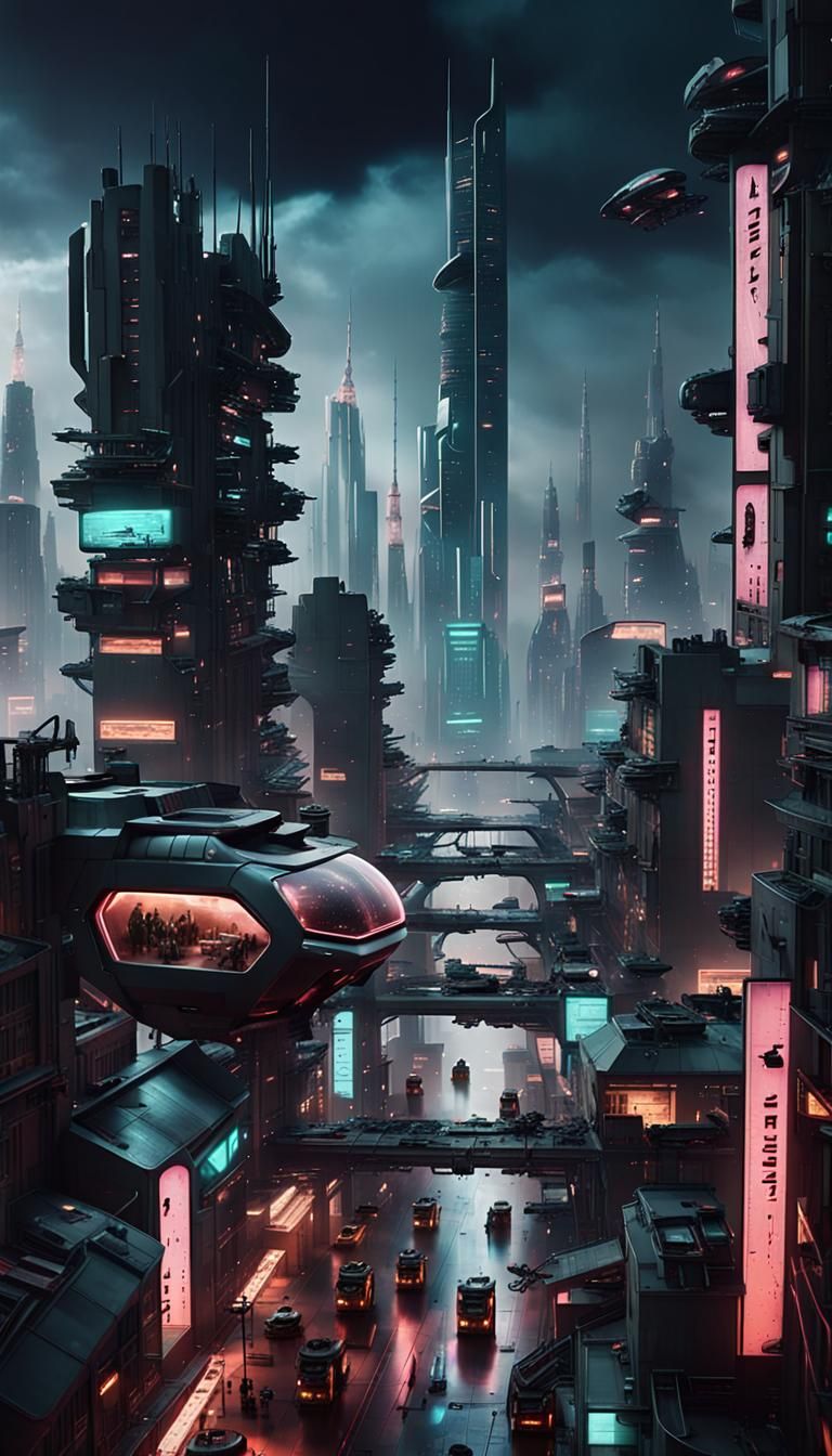 Cyberpunk Cityscape at Night with Flying Vehicles