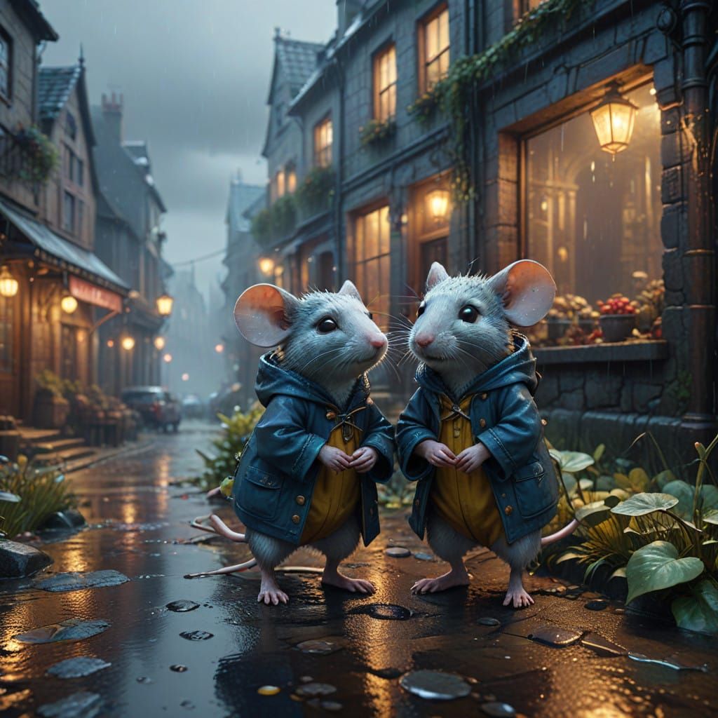 Mice in Traditional Breton Oilskins Seek Shelter from the Ra...