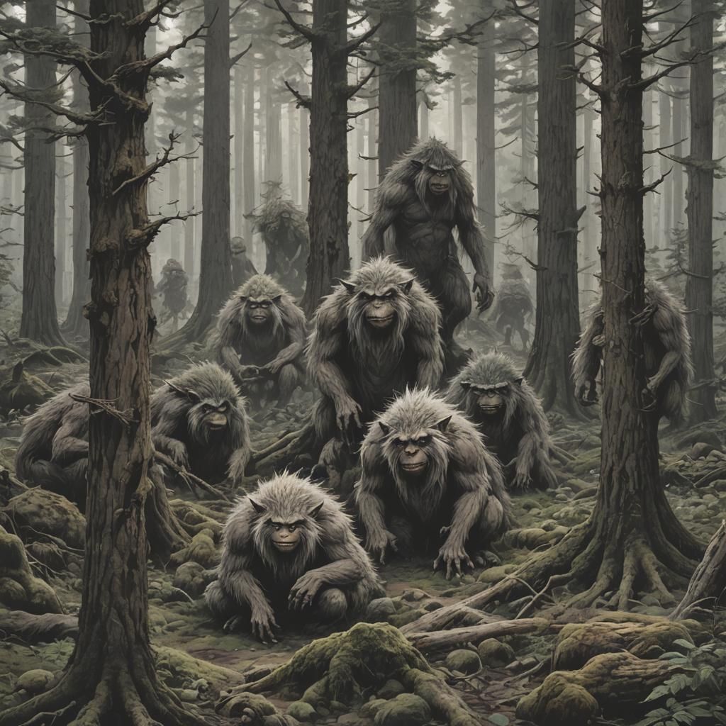 Trolls in Taiga Forest: Dark Academia Art