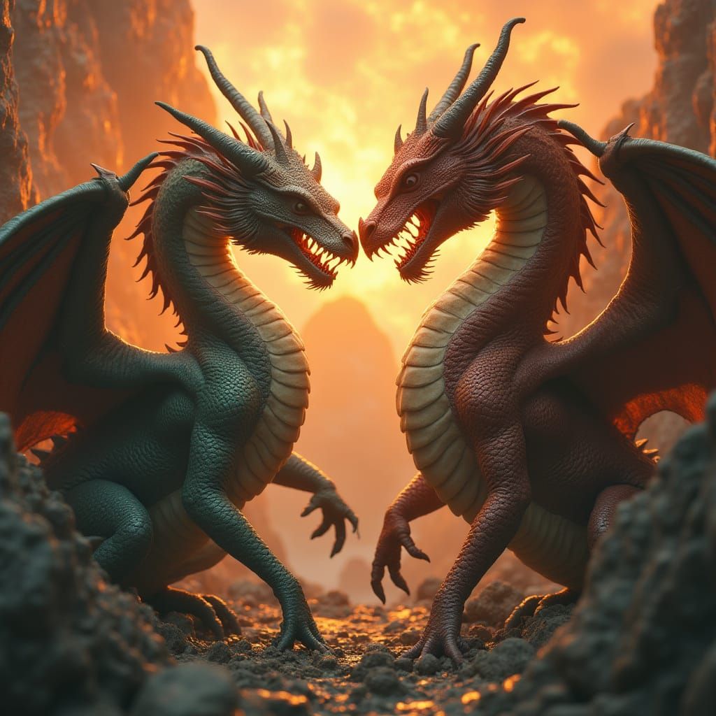 Majestic Dragons Kissing in Fiery Mythical Landscape 3D