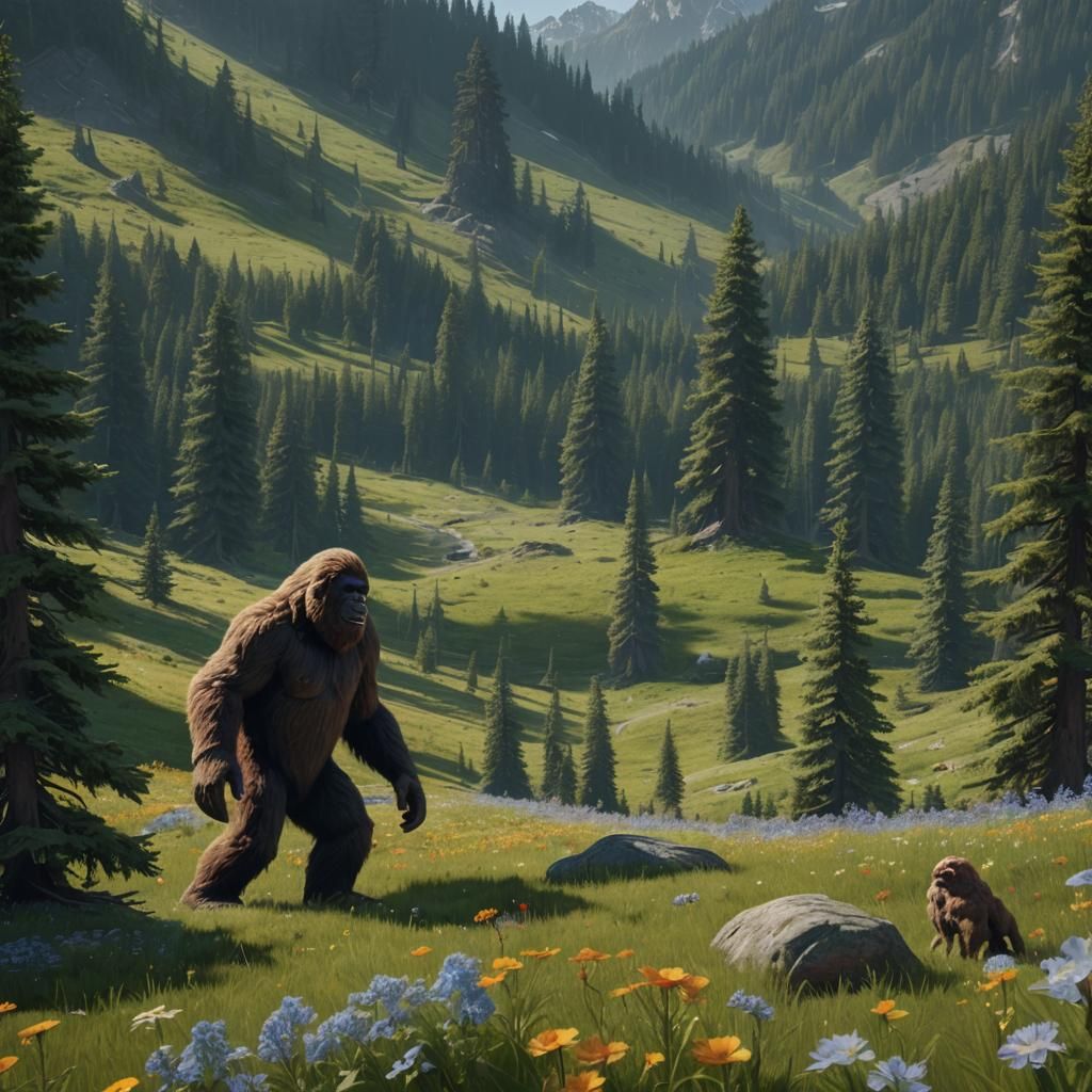 Sasquatch and Heidi in Verdant Alpine Meadow