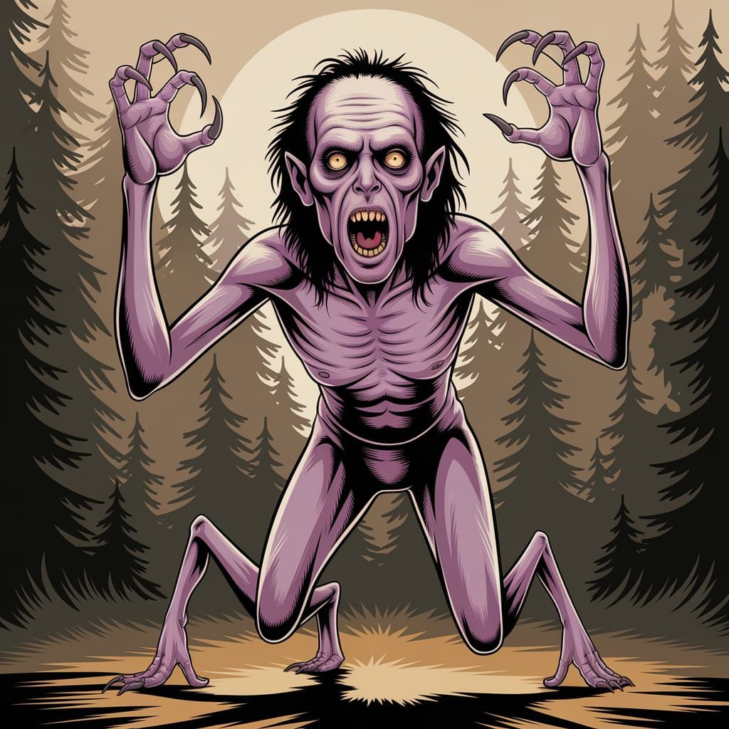 Eerie Humanoid Monster in Forest Illustration