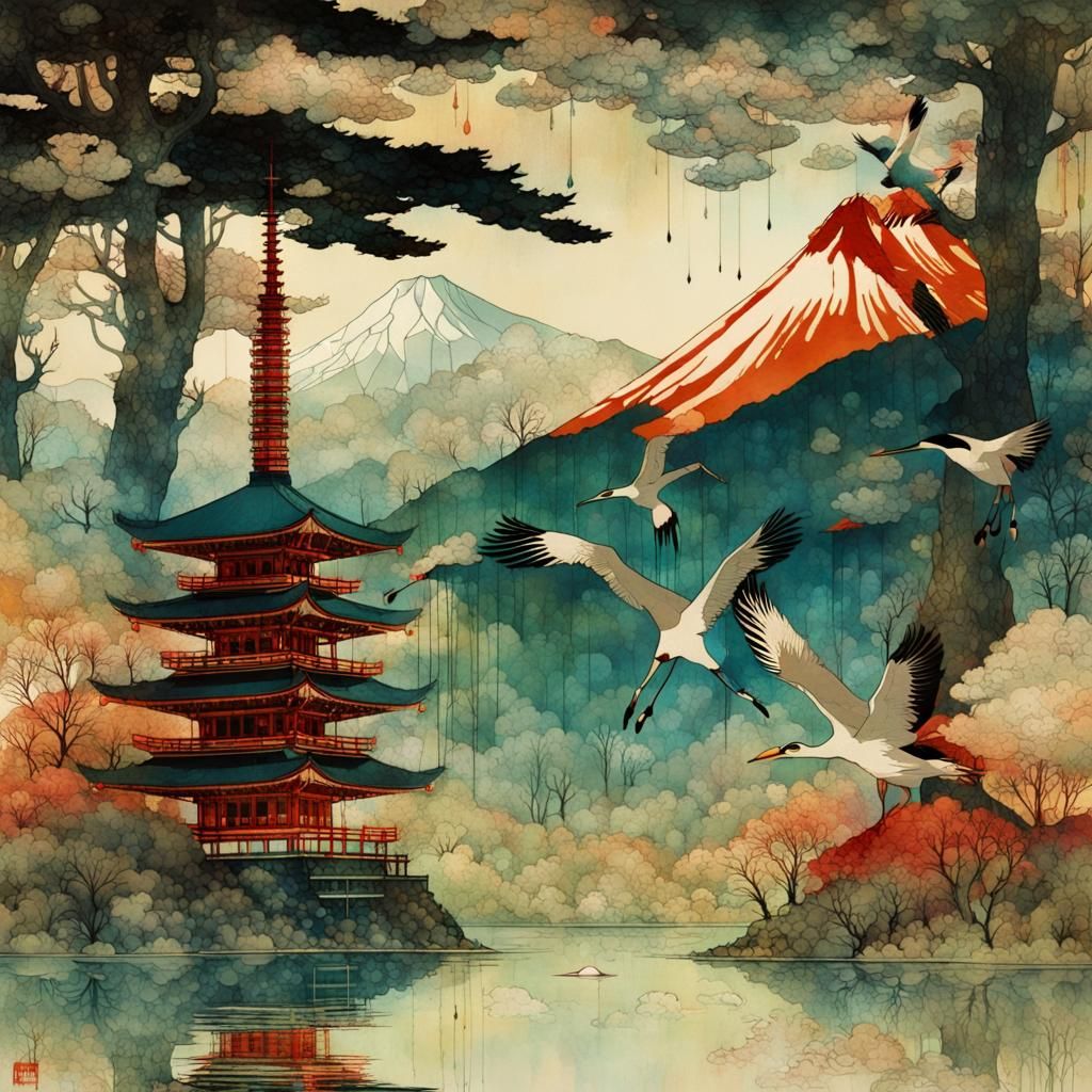 Japanese Crane Silhouette with Mt. Fuji: Alcohol Ink Art