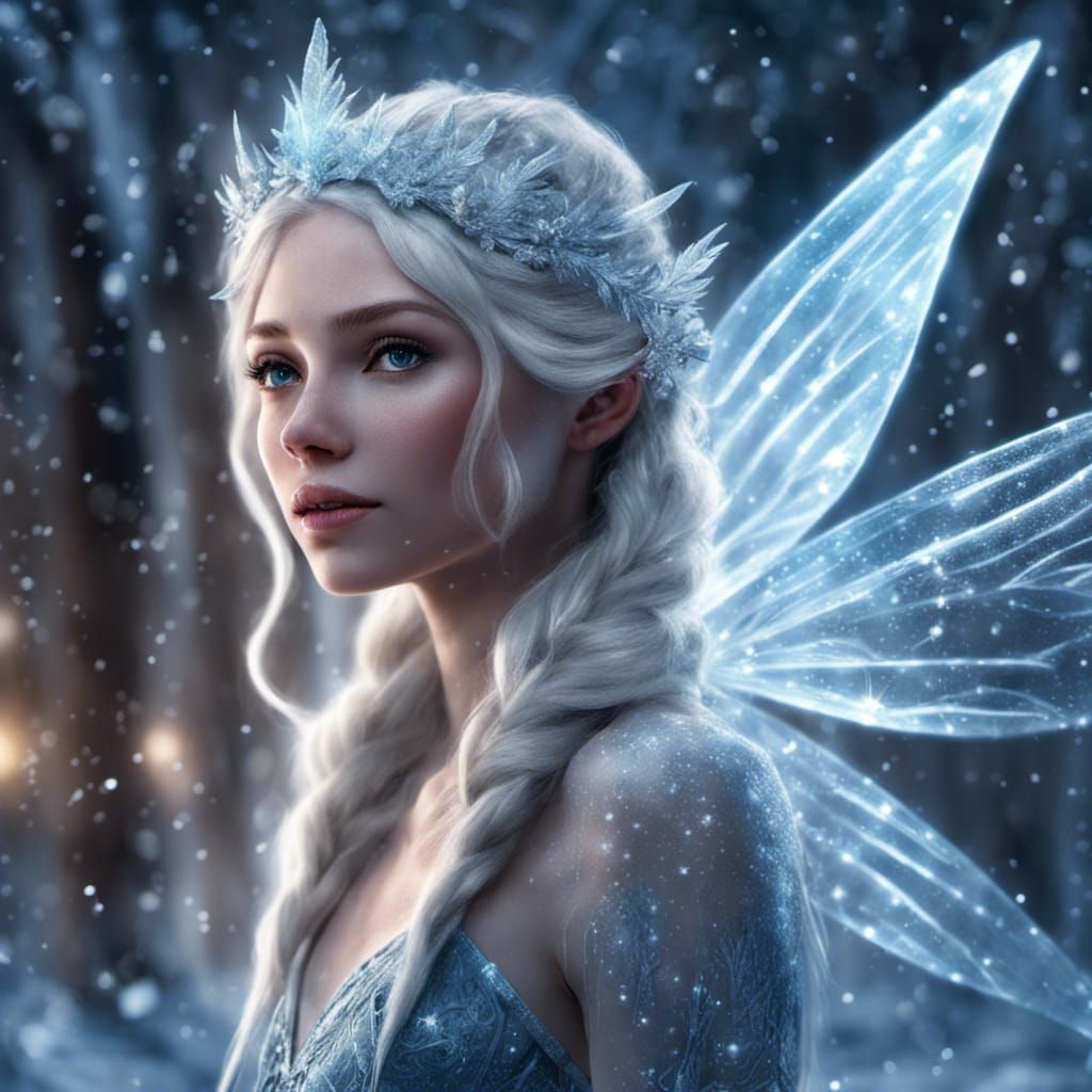 Intricate Ice Fairy Portrait with Frozen Wings