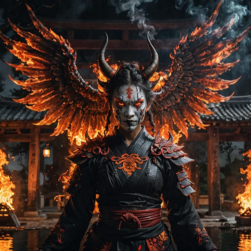 Fiery Oni Demon in Burning Temple