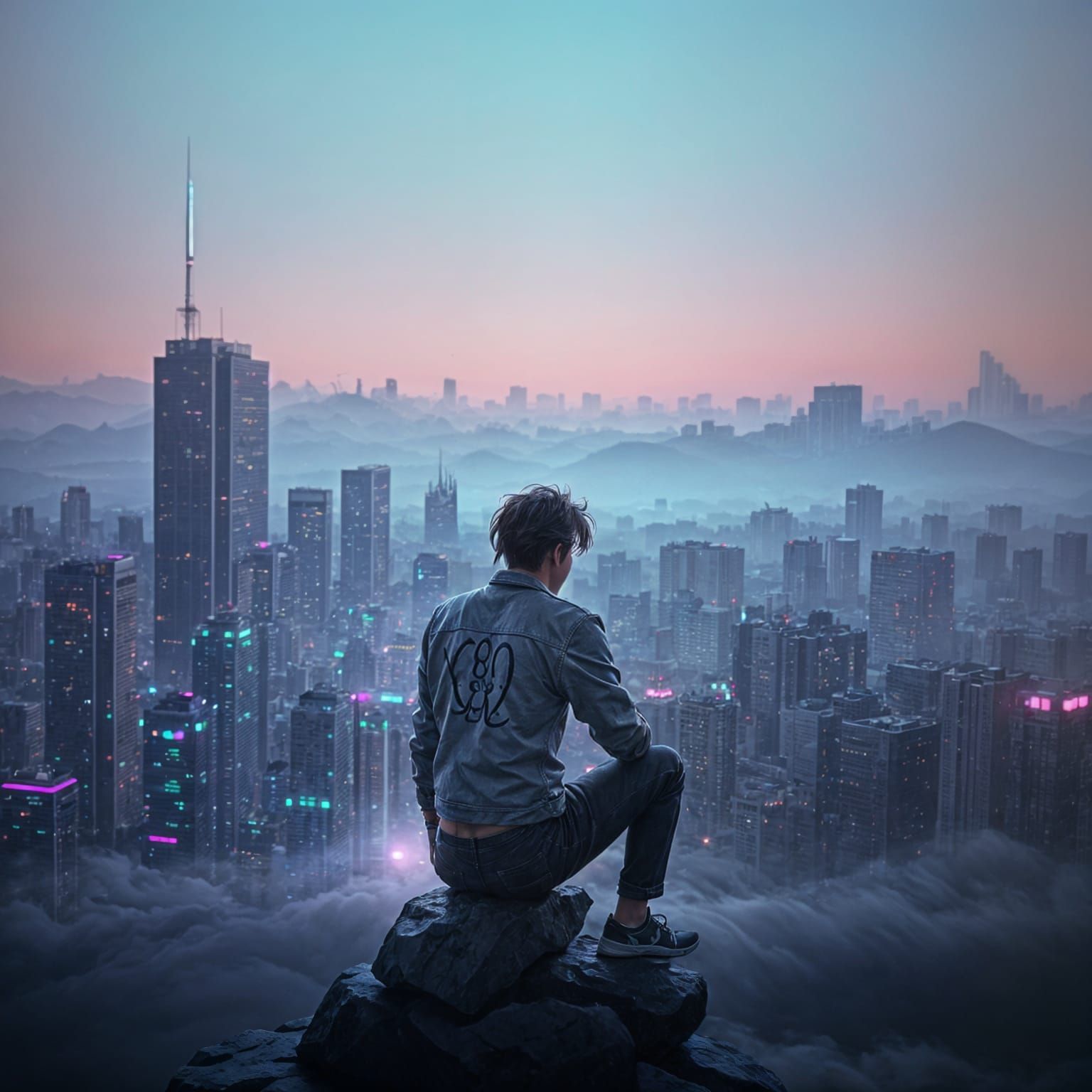 Sad Greaser in Vaporwave Cityscape: Ghibli-Inspired Anime