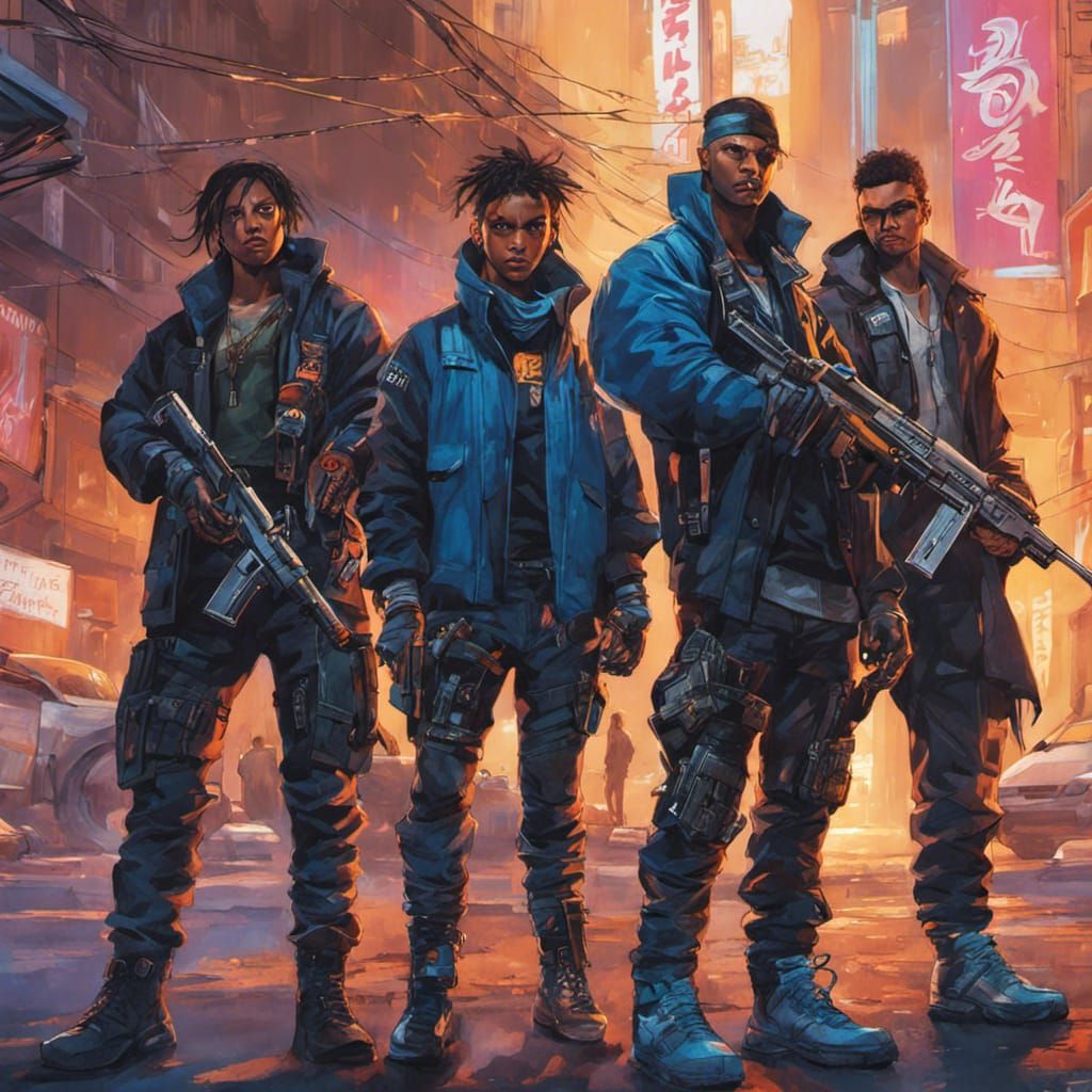 Cyberpunk Gang Members Posing with Pistols