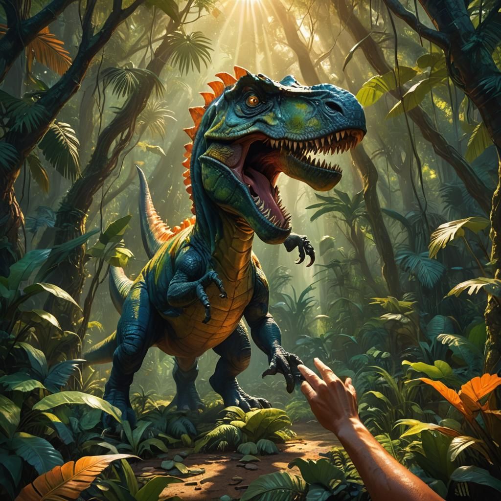 Fantasy Art: Human Touches Dinosaur in Jungle