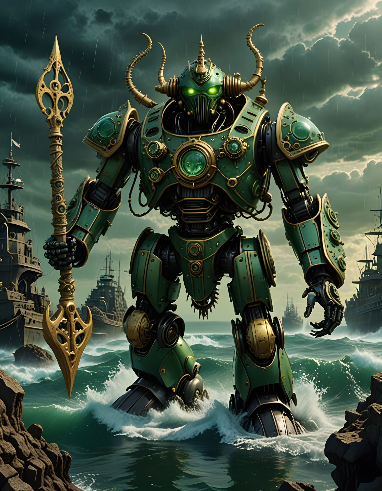 Steampunk Robot Poseidon Reigns in Hyperrealistic Oceanic St...