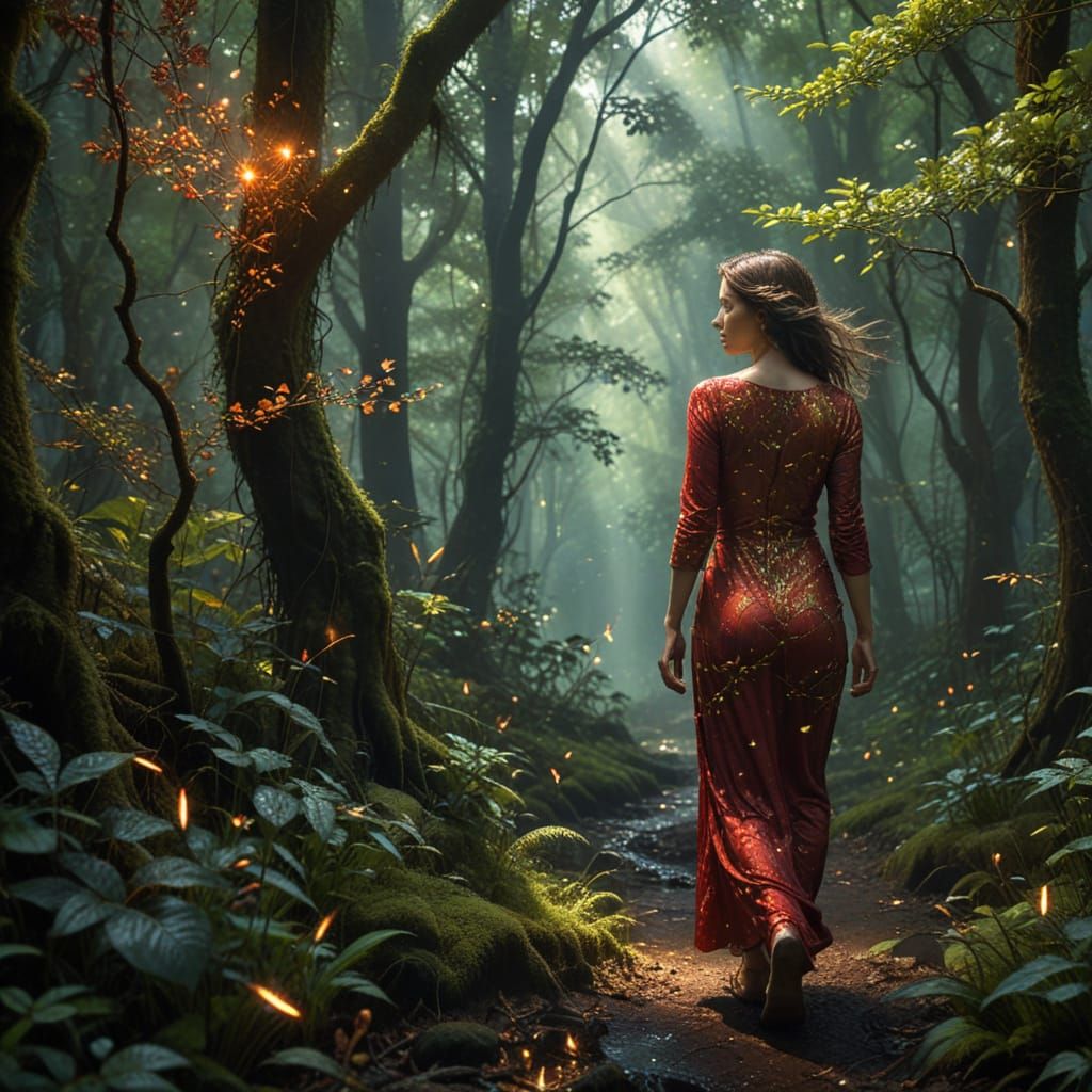 Ethereal Red Figure Walks Through a Dappled Forest