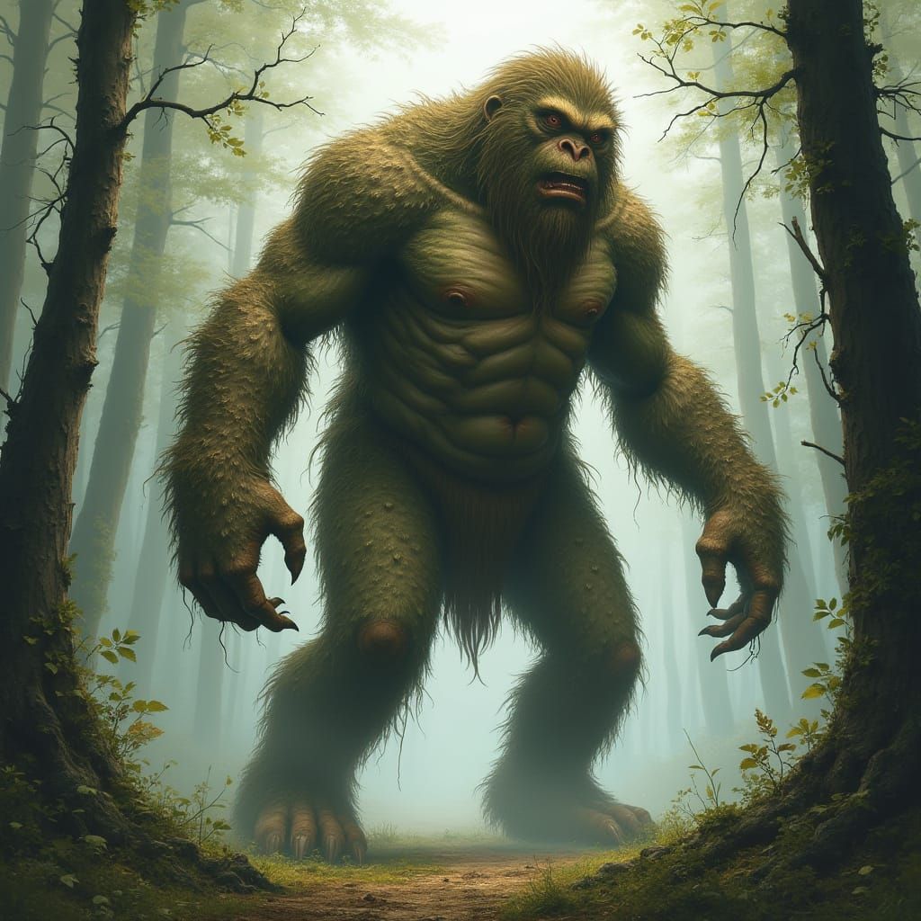Bigfoot Tree Creature in a Misty Forest