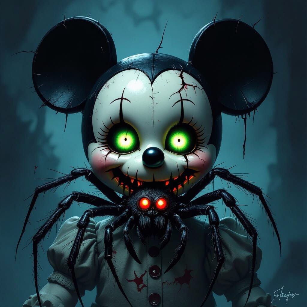 Scary Mickey Mouse Porcelain Doll with Spider Emerging