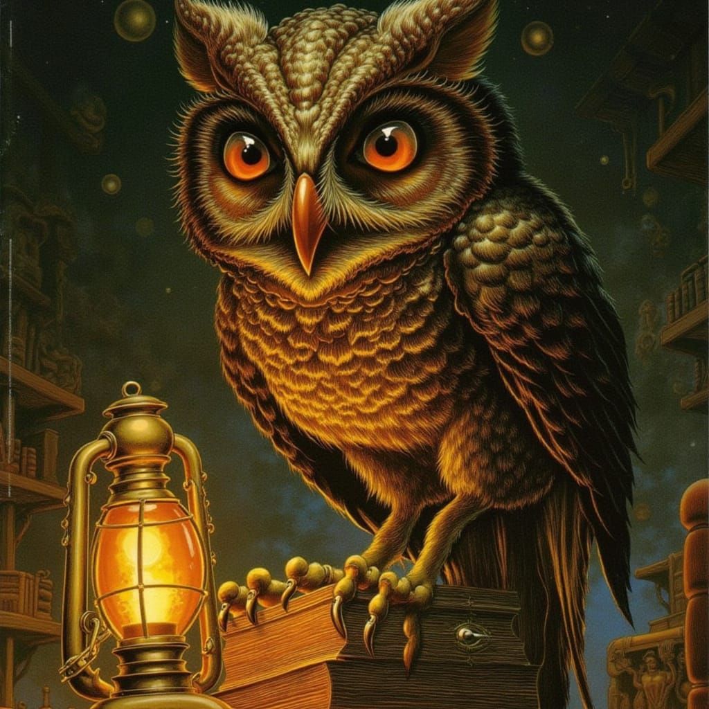 Steampunk Owl on Books in a Dusty Library