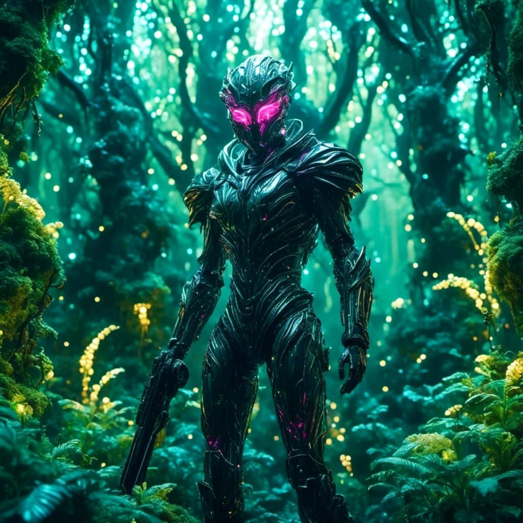 Soldier in Alien Forest: Dreamy Dark Landscape