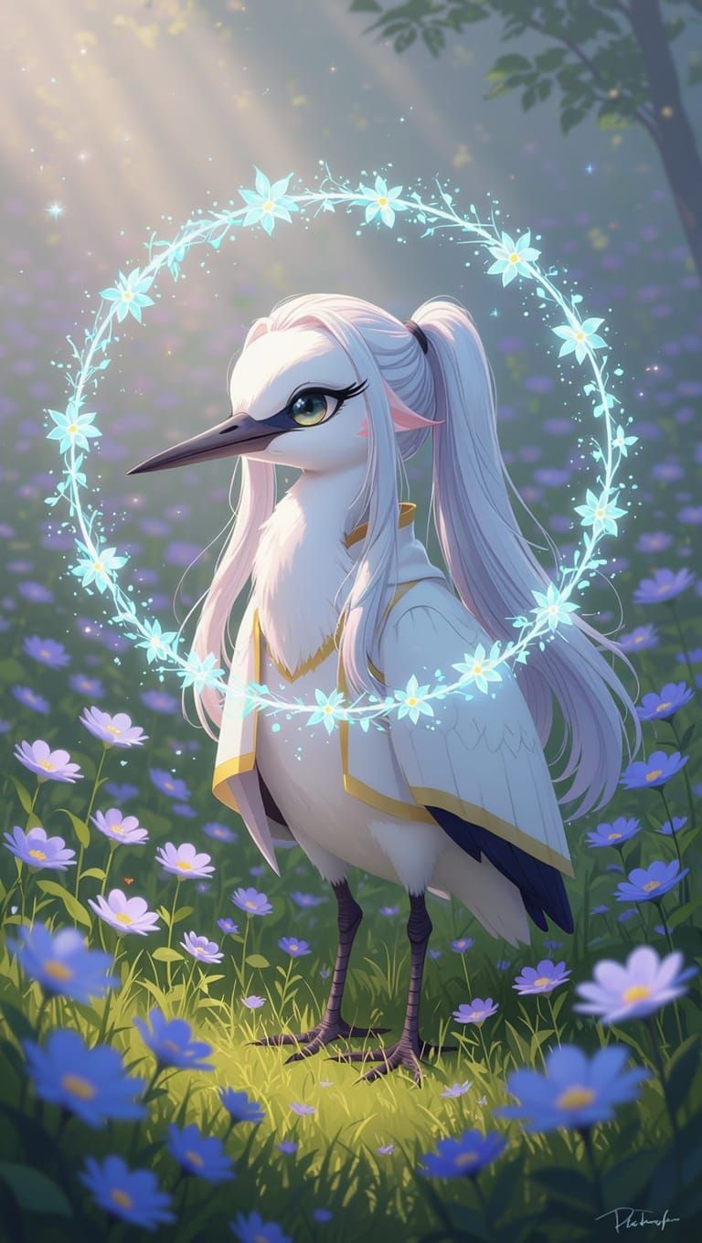 Whimsical Chibi Heron Amidst Vibrant Bloom