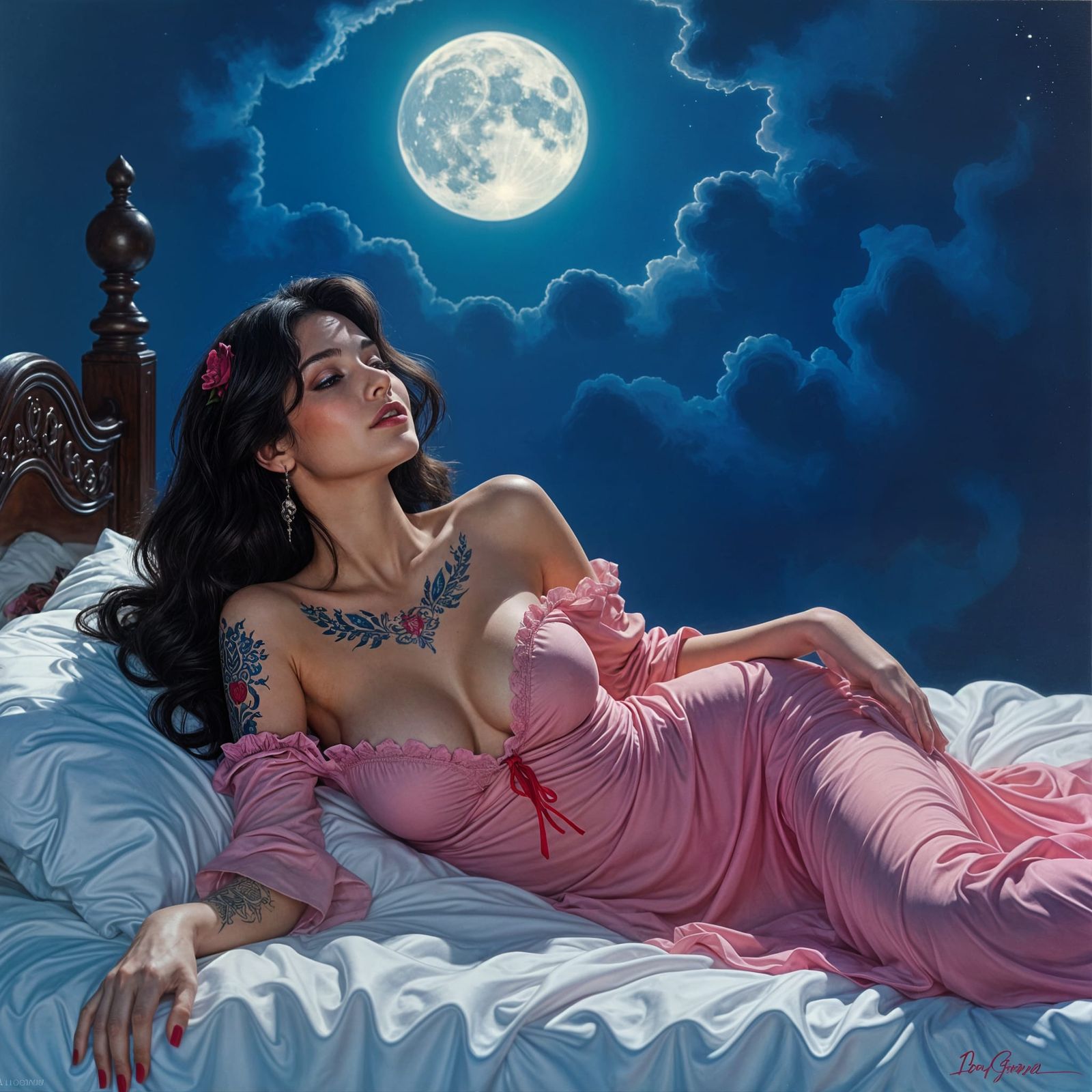 Vampiric Woman's Ecstatic Wait on Bed