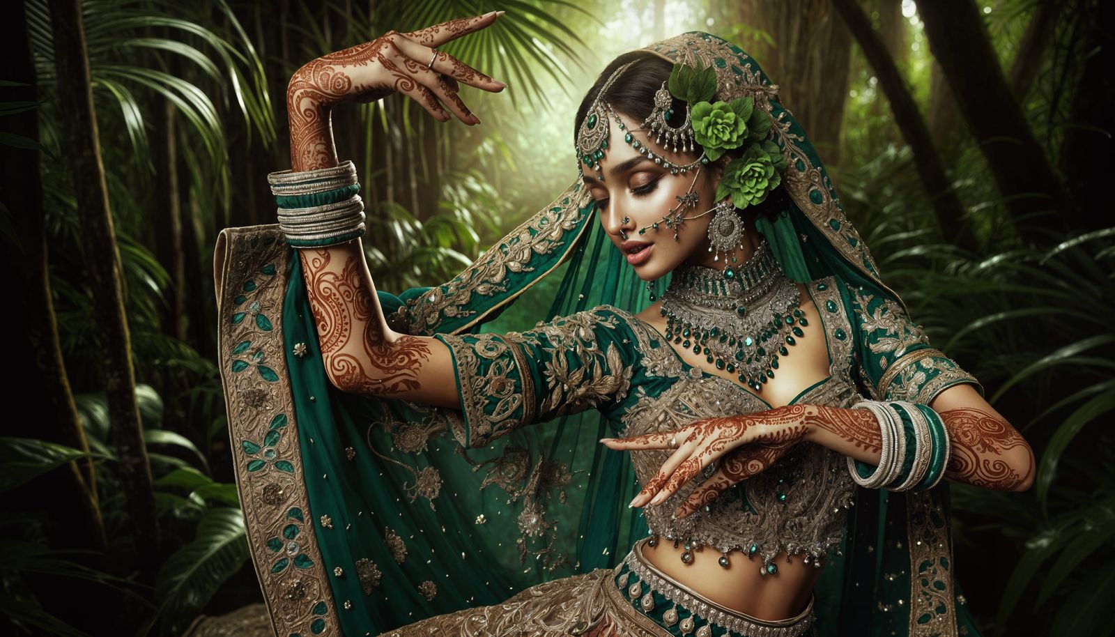 Majestic South Asian Princess in Emerald Lehenga Dancing in....