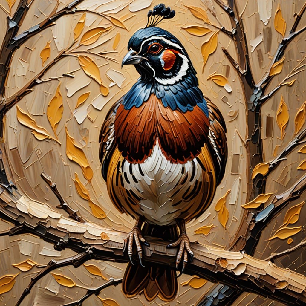 Quail on Branch as Impasto Oil Painting