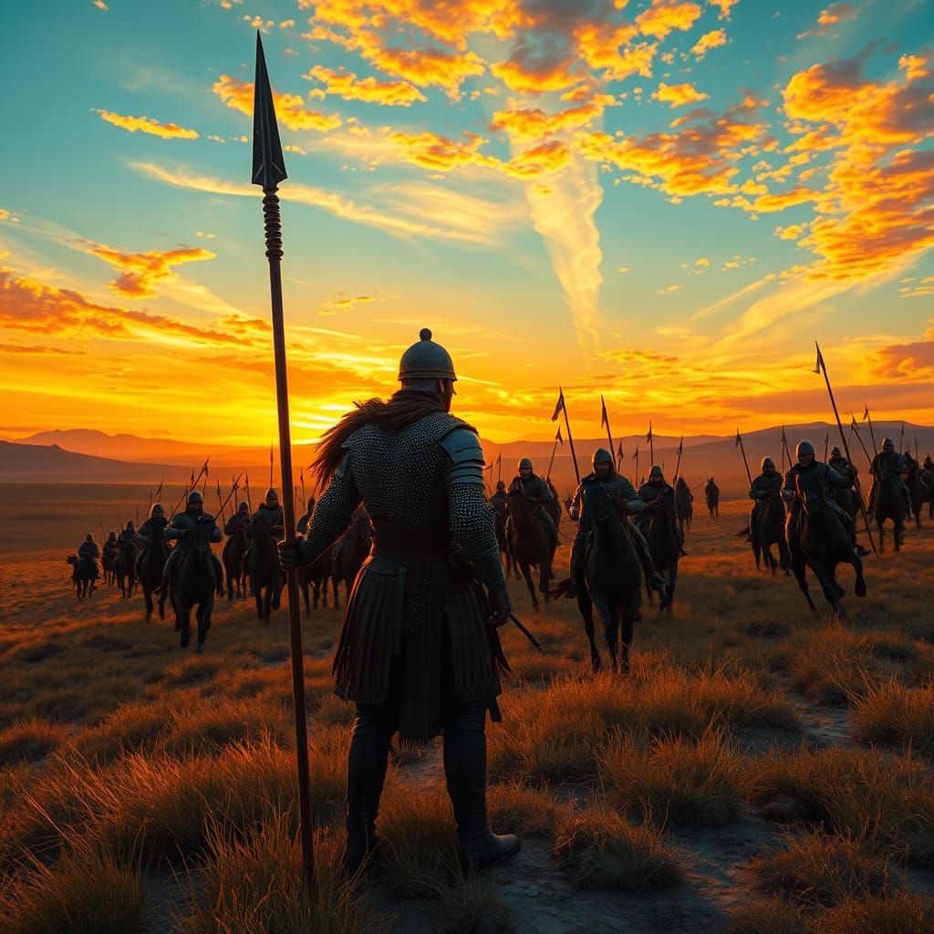 Slavic Warrior Confronts Mongol Horde at Sunset
