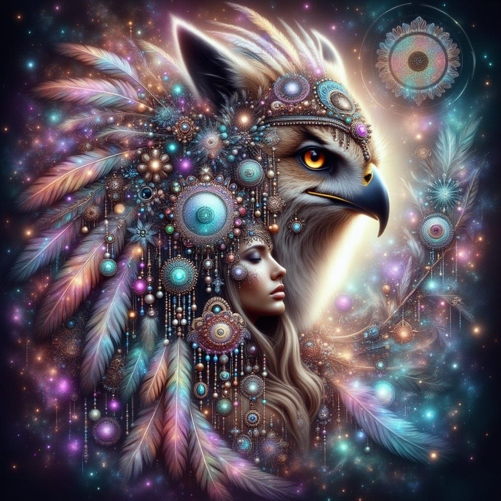 Mystical Being with Human and Avian Features in Ethereal Aur...