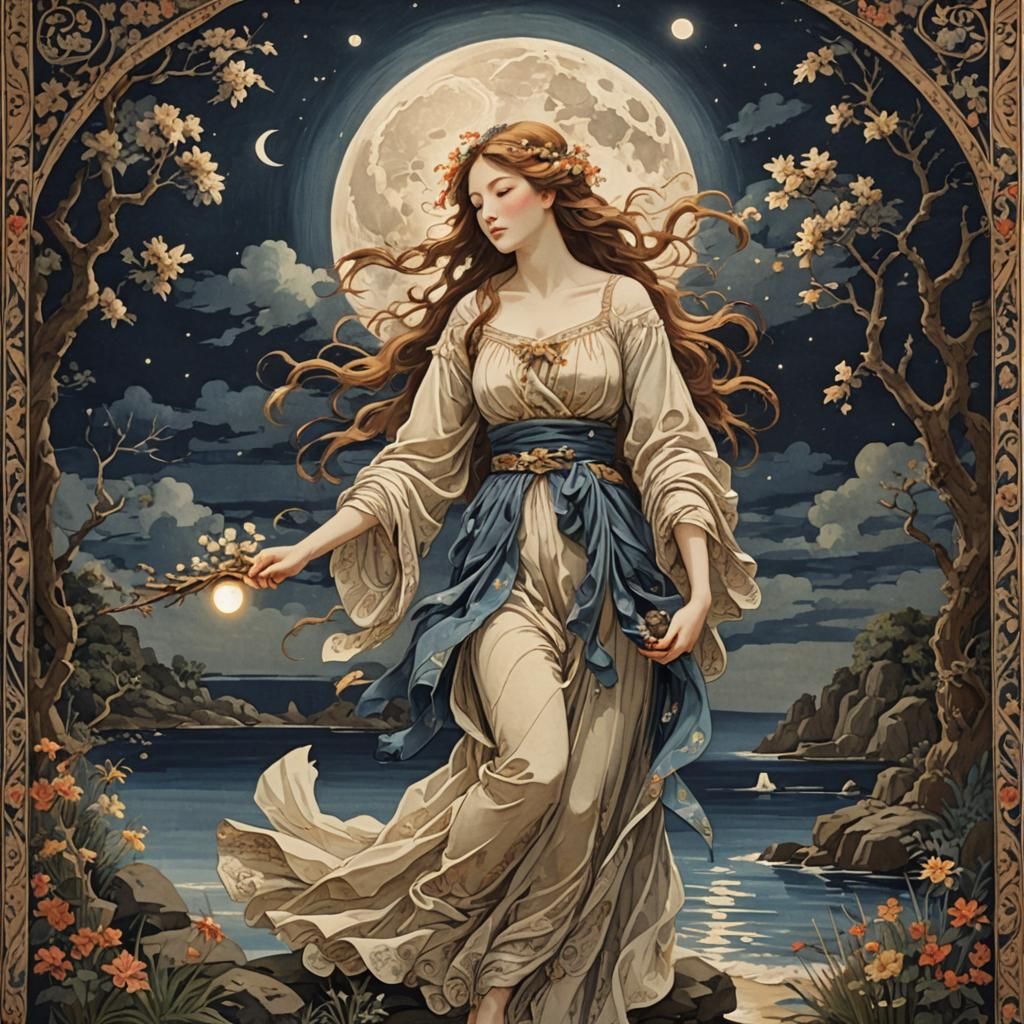 Moonlit Maiden in Tachisme Brushwork Tapestry