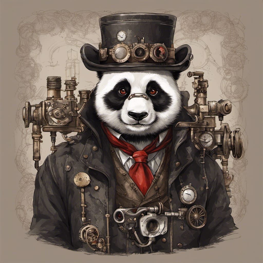 Steampunk Panda Mugshot with Red Eyes
